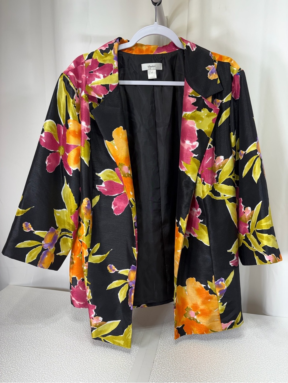 CJ Banks Black Floral Satin Open Blazer with Pink Orange & Yellow Blooms 3843